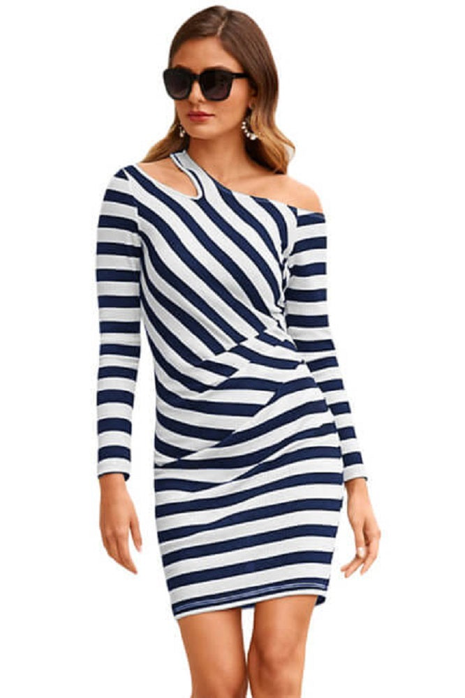 Navy Striped Asymmetric Shoulder Cutout Mini Dress - bounti4lme