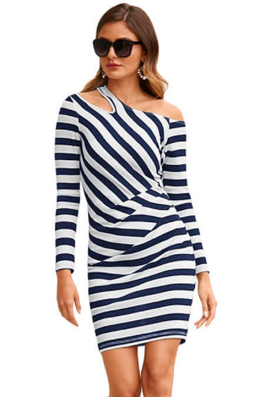 Navy Striped Asymmetric Shoulder Cutout Mini Dress - bounti4lme