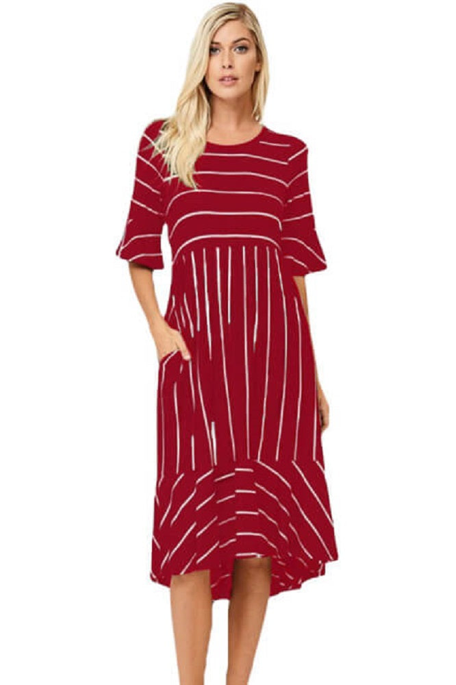 Striped Bell Sleeve Hi-low Midi Dress - bounti4lme