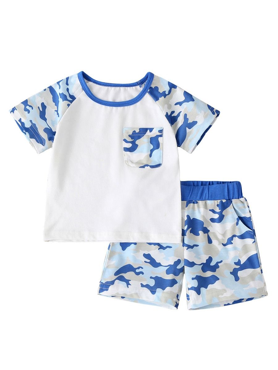 Boy's 2 Piece Blue White Camo Shorts Set - bounti4lme