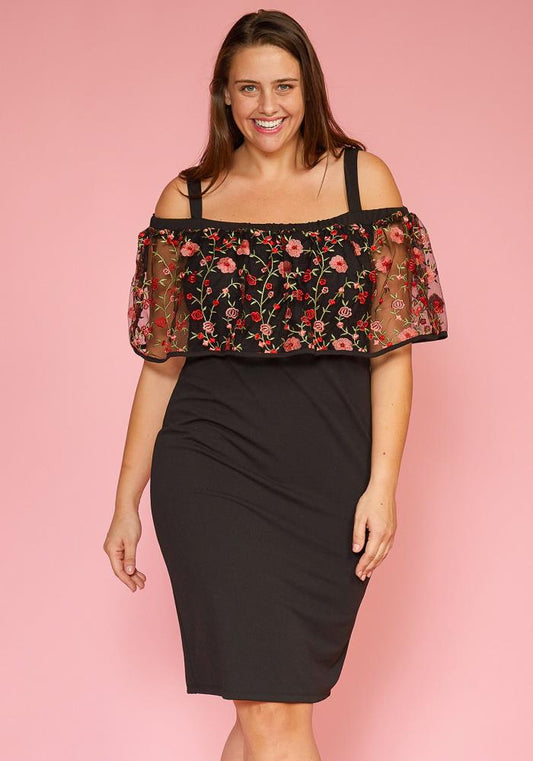 Flower Embossed Mesh Plus Size Dress - bounti4lme