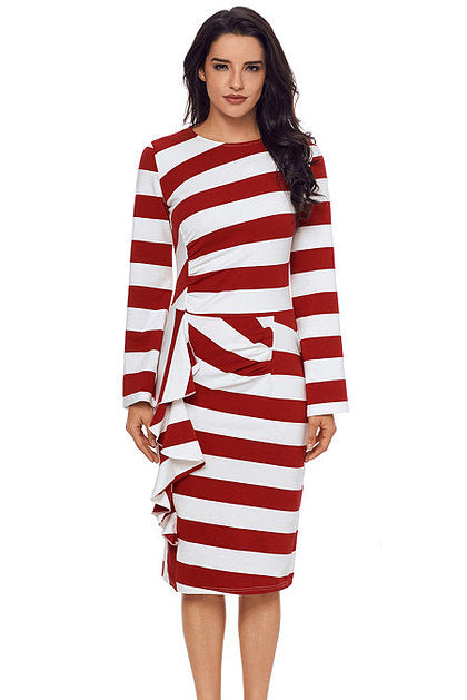 Burgundy Striped Long Sleeve Midi Dress - bounti4lme