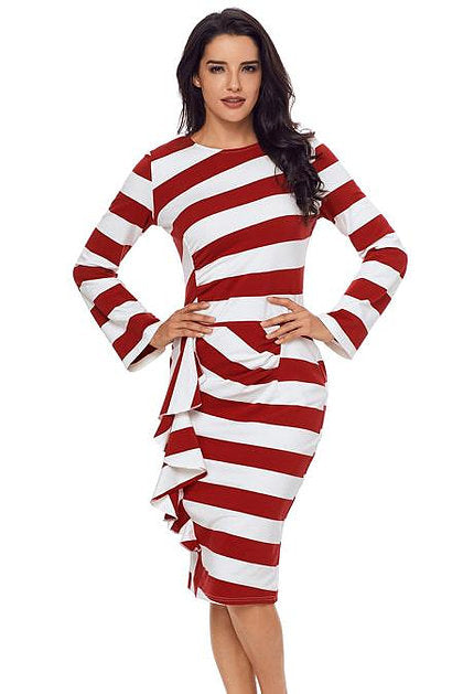 Burgundy Striped Long Sleeve Midi Dress - bounti4lme