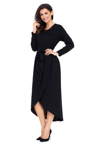 Black Tulip Faux Wrap Sash Tie Jersey Dress - bounti4lme