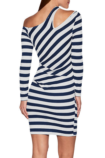 Navy Striped Asymmetric Shoulder Cutout Mini Dress - bounti4lme