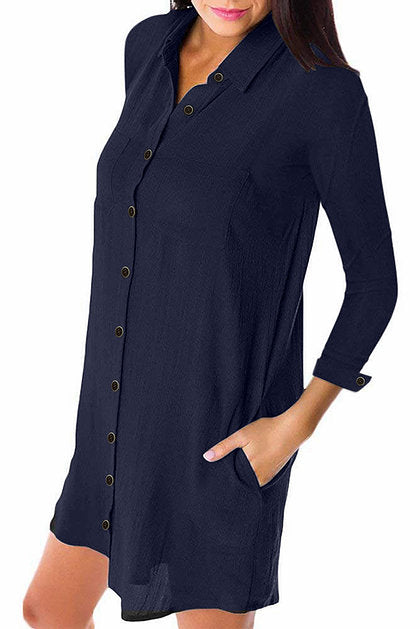 Navy Blue Crepe Shirt Dress - bounti4lme