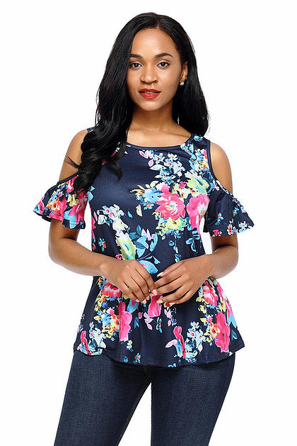 Cold Shoulder Floral Navy Top - bounti4lme