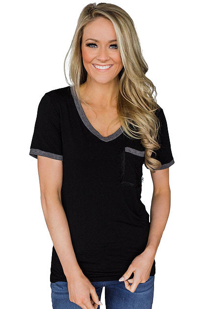 Fringe Trim Pocket Black T Shirt - bounti4lme