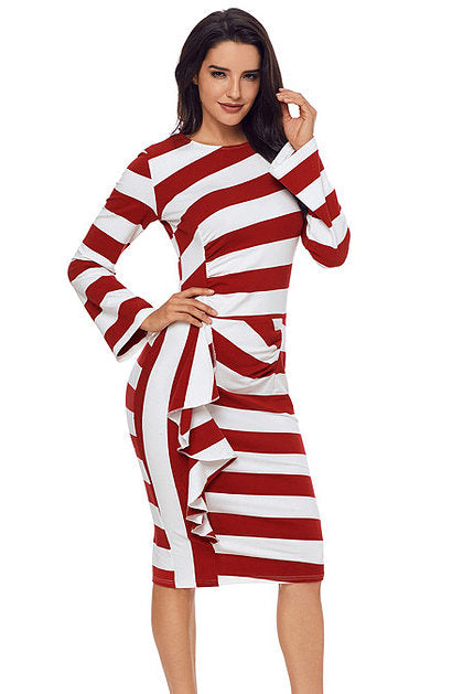 Burgundy Striped Long Sleeve Midi Dress - bounti4lme