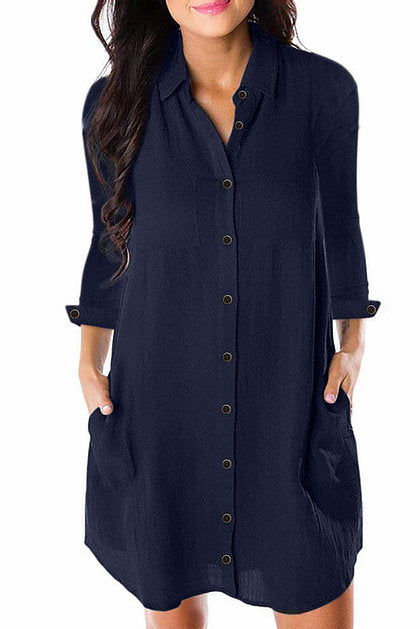 Navy Blue Crepe Shirt Dress - bounti4lme