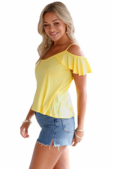 Crisscross Back Ruffle Cold Shoulder Top - bounti4lme