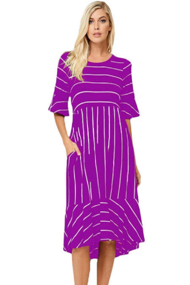 Striped Bell Sleeve Hi-low Midi Dress - bounti4lme