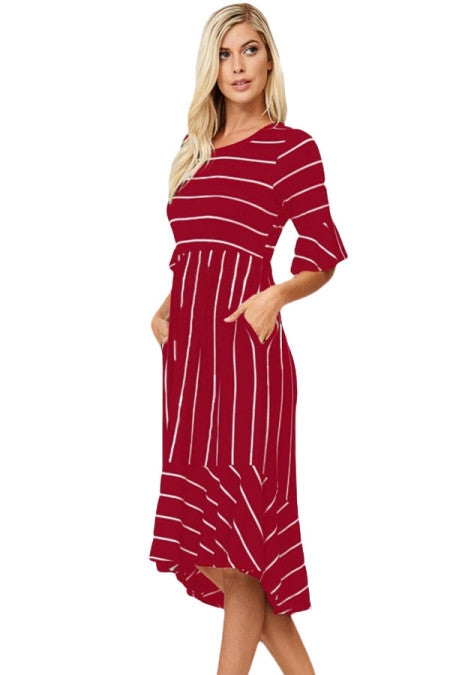 Striped Bell Sleeve Hi-low Midi Dress - bounti4lme