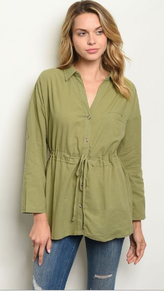 Militant Button Front Tie Waist Top - bounti4lme