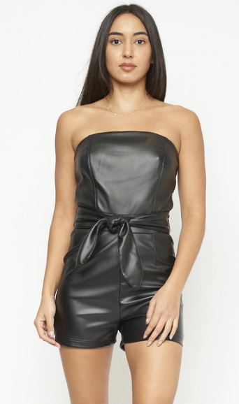 Black Strapless Tie Waist Vegan Leather Romper - bounti4lme